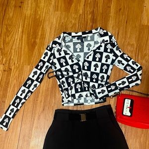 mushroom checkerboard long sleeve button down crop top